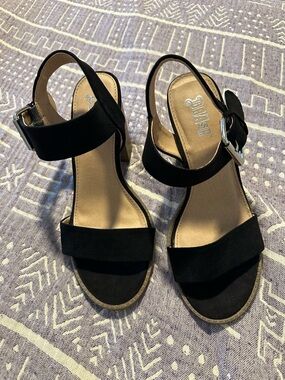 Brash Black Suede Ankle Strap Block Heel Sandals